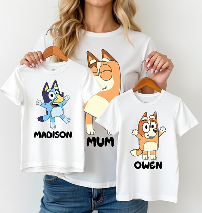 Selection of Bluey-inspired shirt designs with various character styles from Set 1.