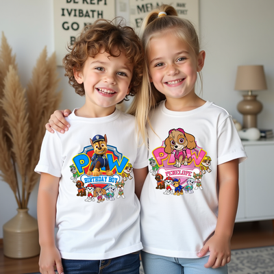 Two children wearing 'Paw Patrol' themed t-shirts in a room with decor.