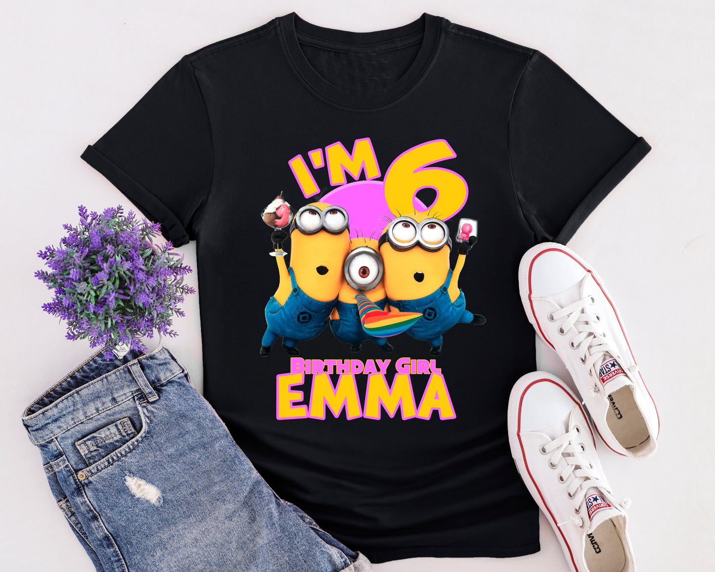 Minions themed birthday t-shirt with matching party accessories