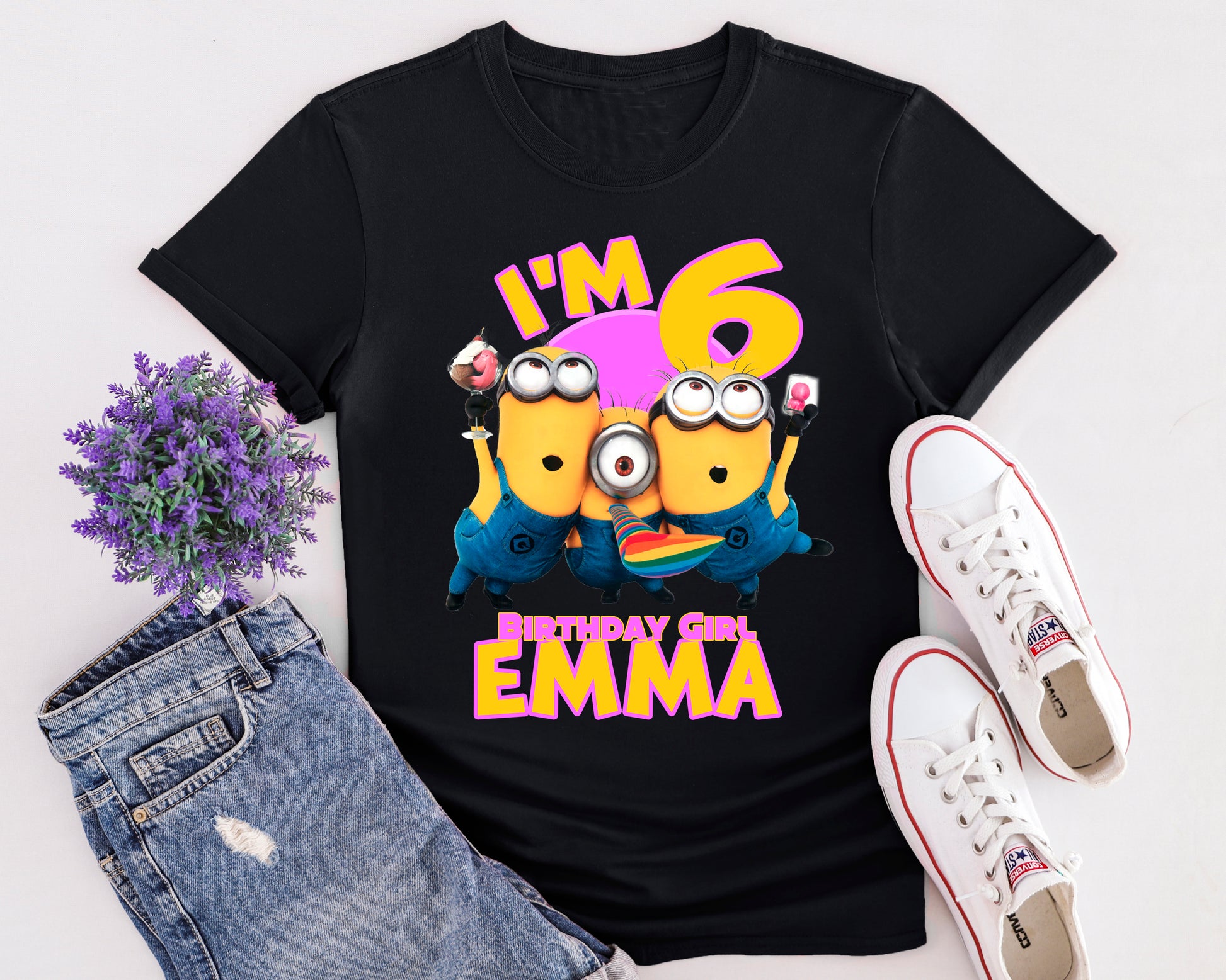 Minions themed birthday t-shirt with matching party accessories