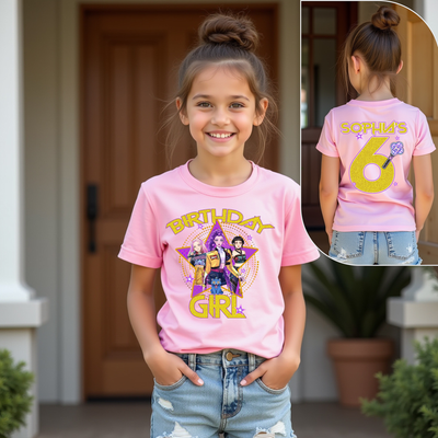 Young girl wearing a pink 'Birthday Girl' t-shirt with a graphic design, standing outside a house.