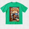 A bright green short-sleeve crewneck t-shirt featuring a large graphic print of the children's book 'The Hidden Pirate Treasure: Starring Jack' on the front, laid flat against a light gray textured background.