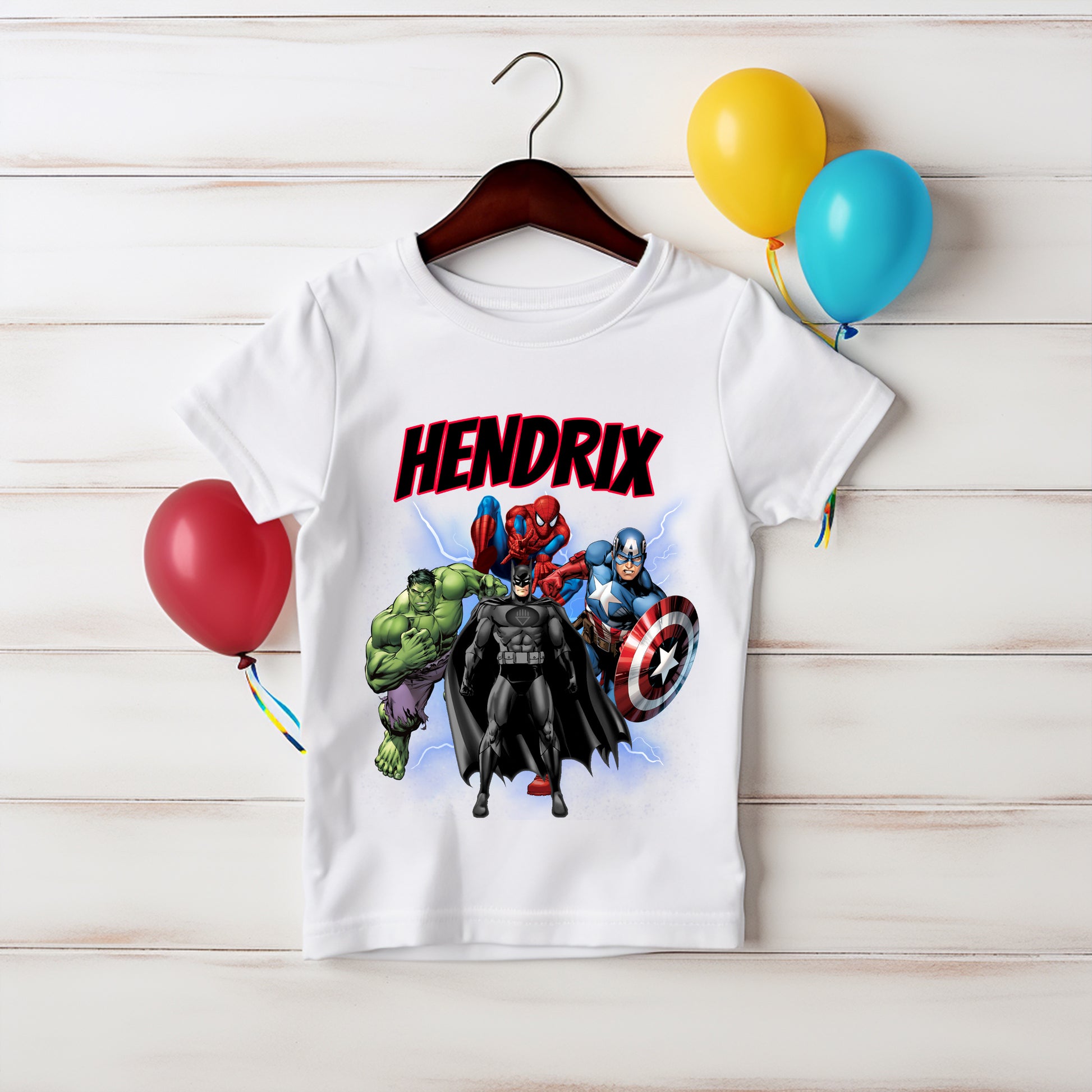 Fun superhero themed t-shirt for toddlers and kids, great for parties