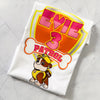 Stacked matching family t-shirts with race car and pup designs for themed birthday celebrations.