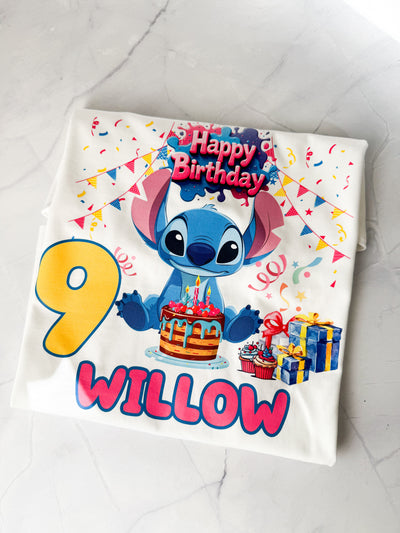 Close-up of Lilo & Stitch inspired birthday t-shirt print