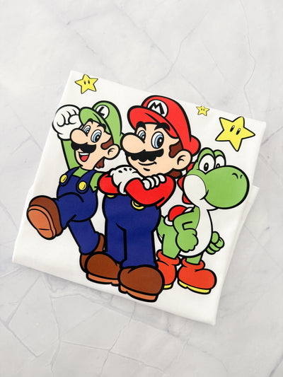 Super Mario, Luigi and Yoshi inspired kids birthday t-shirt front design