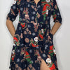 Christmas Tiered Shirt Dress with Pockets  – Navy