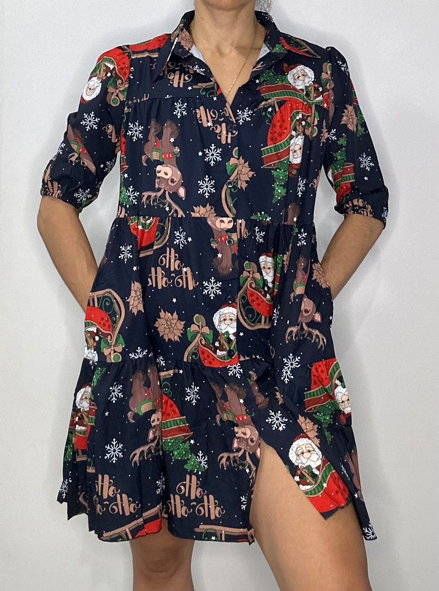 Christmas Tiered Shirt Dress with Pockets  – Navy