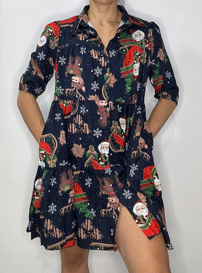 Christmas Tiered Shirt Dress with Pockets  – Navy