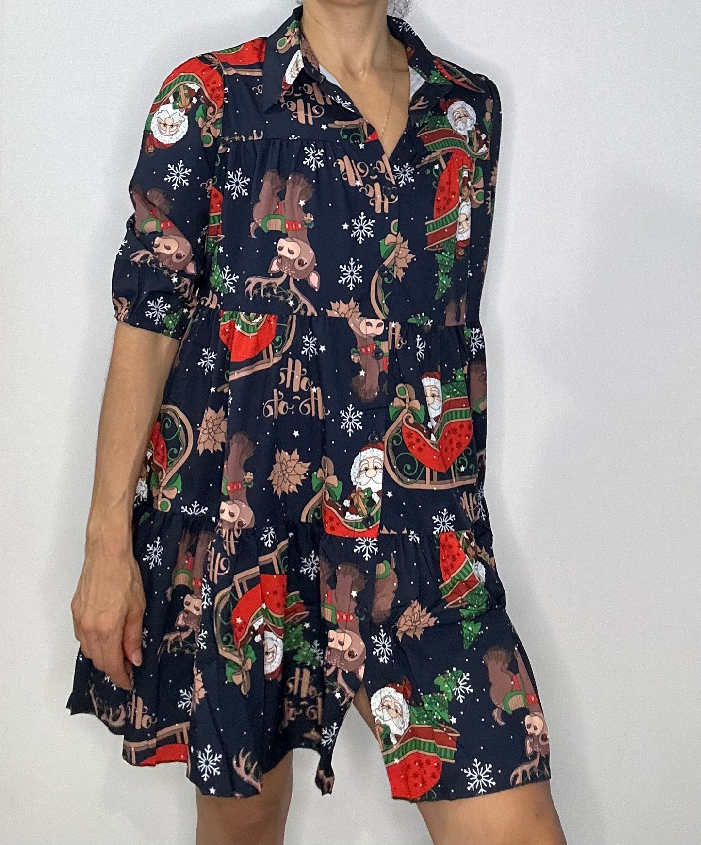 Christmas Tiered Shirt Dress with Pockets  – Navy