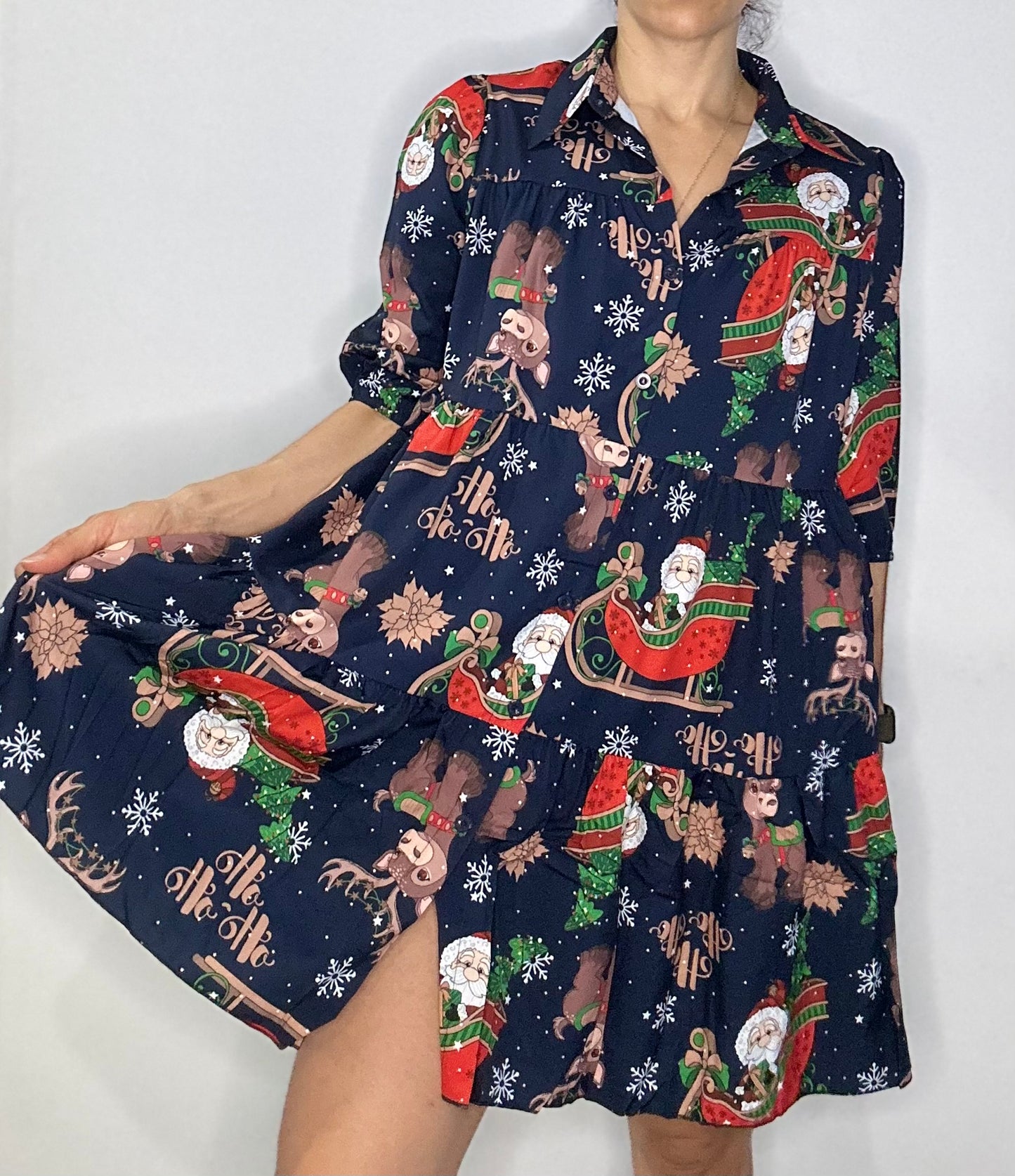 Christmas Tiered Shirt Dress with Pockets  – Navy