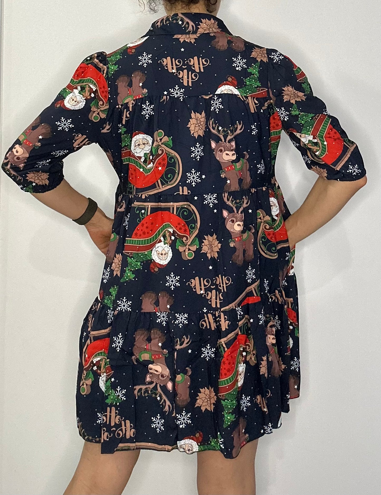 Christmas Tiered Shirt Dress with Pockets  – Navy