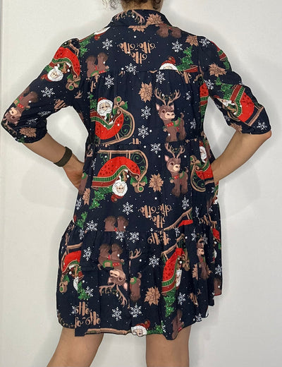 Christmas Tiered Shirt Dress with Pockets  – Navy