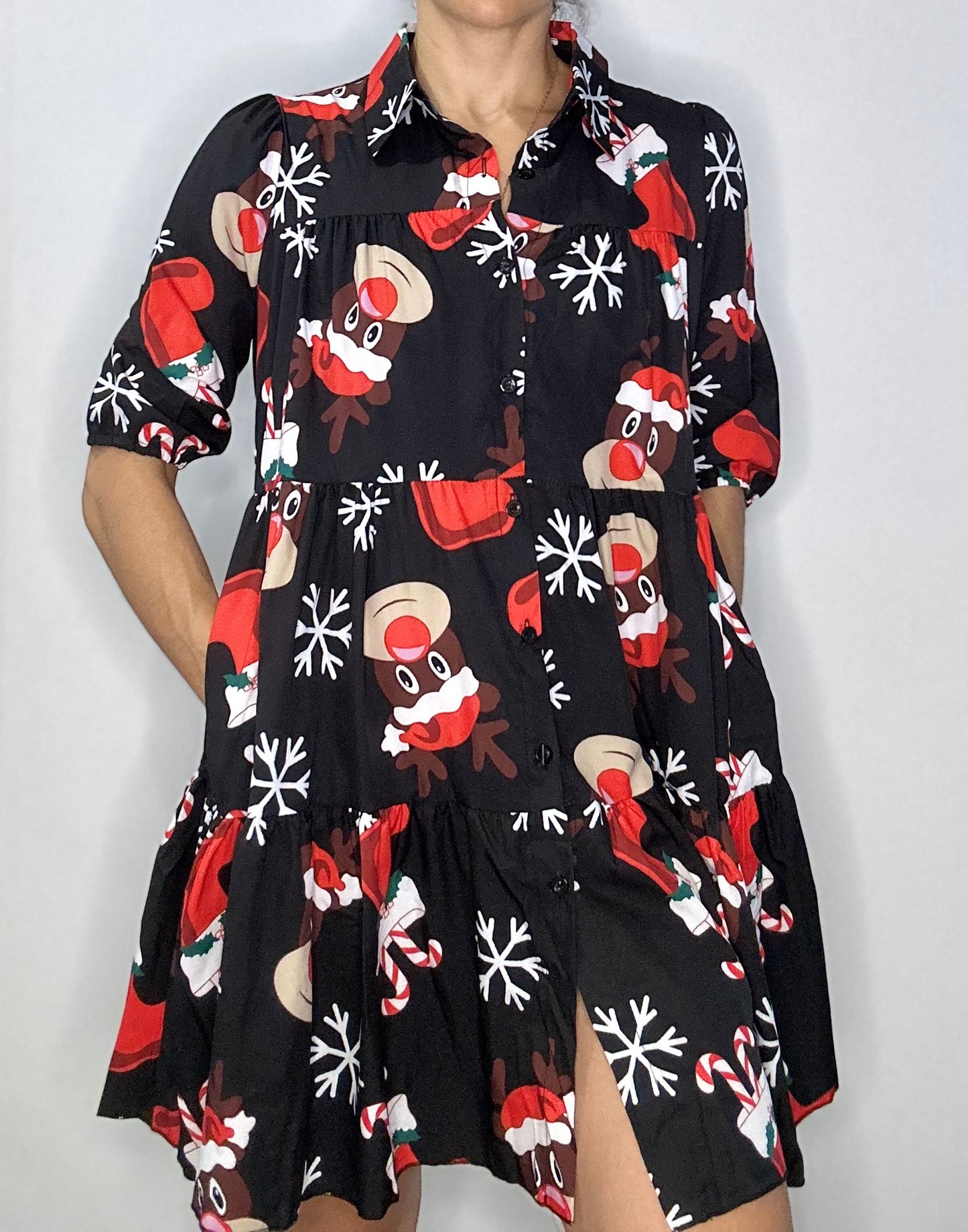 Christmas Tiered Shirt Dress with Pockets  – Black