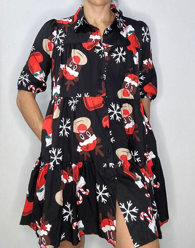 Christmas Tiered Shirt Dress with Pockets  – Black