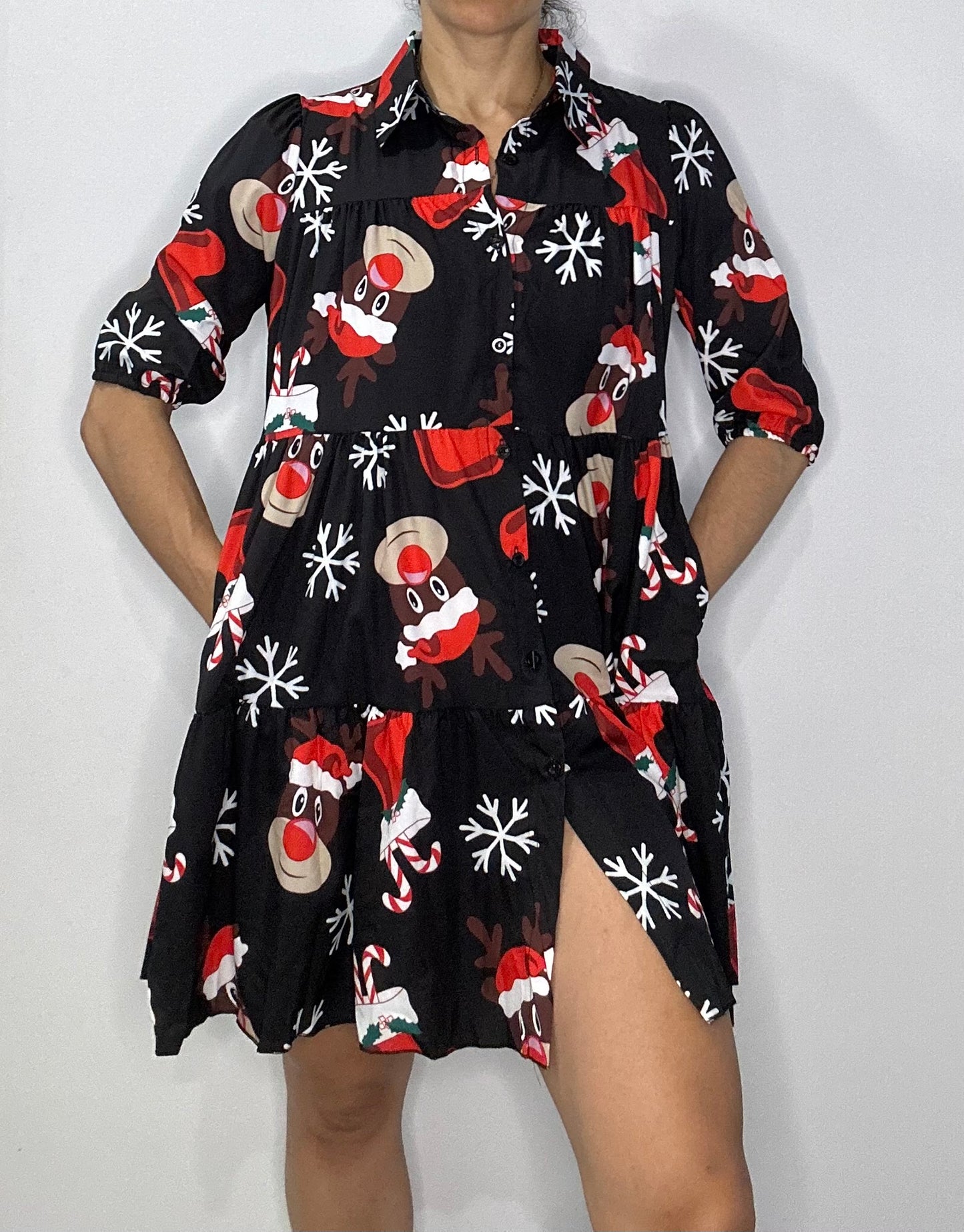 Christmas Tiered Shirt Dress with Pockets  – Black