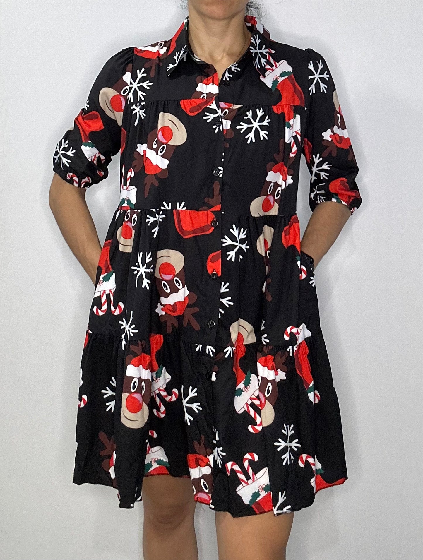 Christmas Tiered Shirt Dress with Pockets  – Black