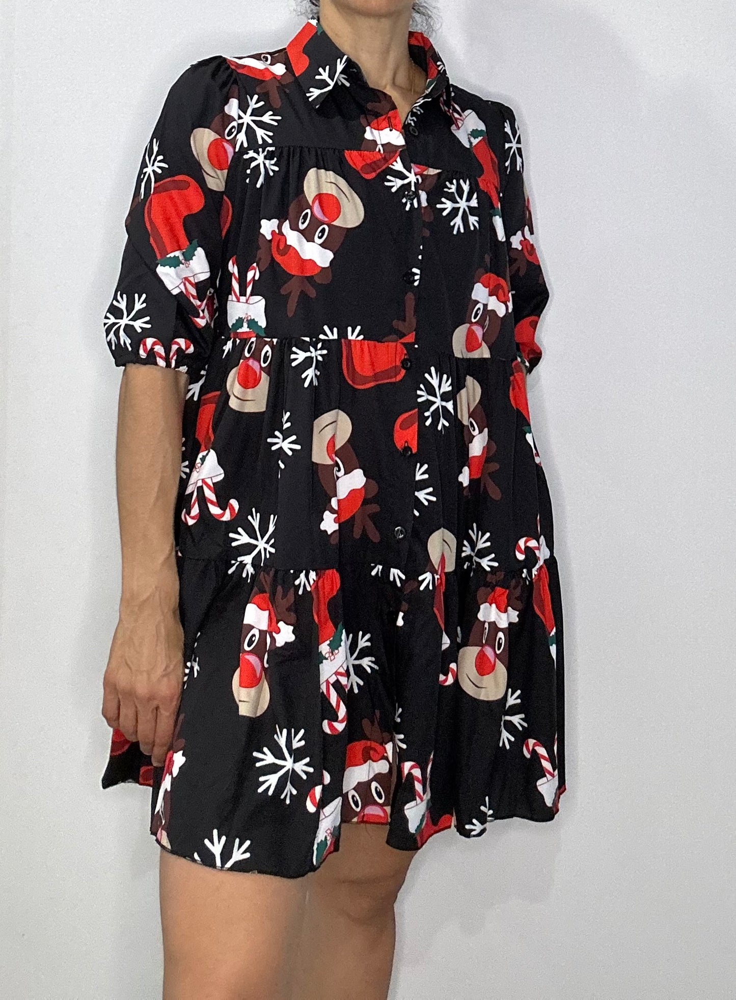 Christmas Tiered Shirt Dress with Pockets  – Black