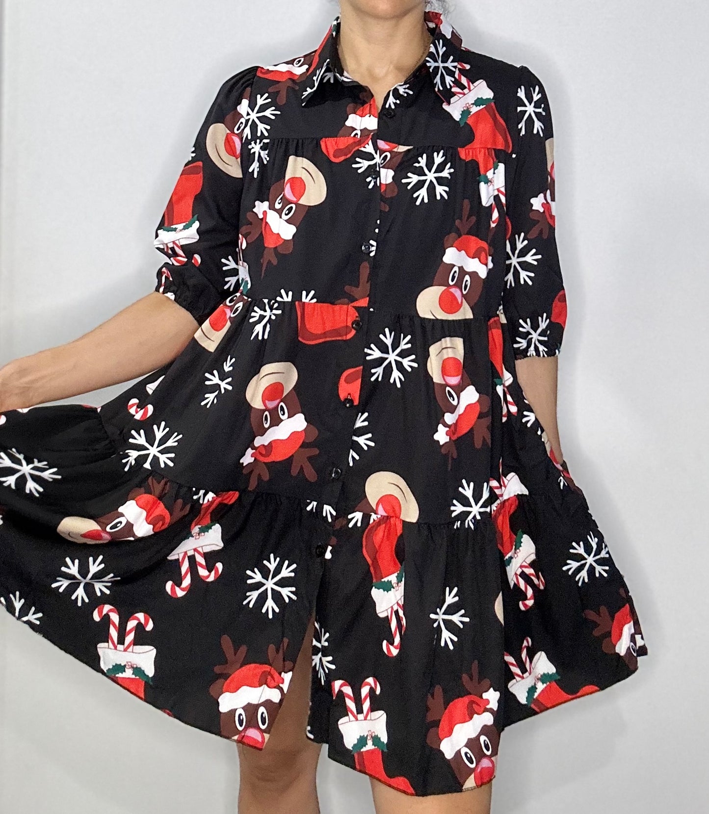 Christmas Tiered Shirt Dress with Pockets  – Black