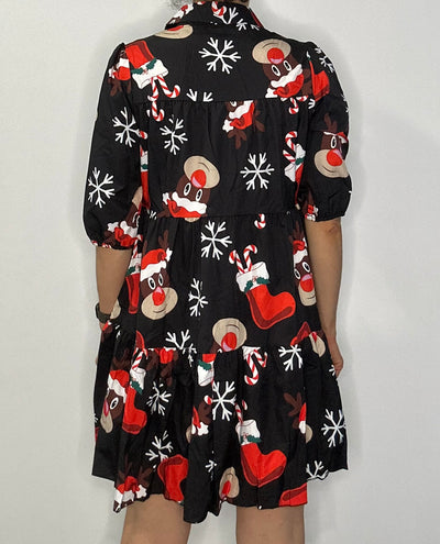 Christmas Tiered Shirt Dress with Pockets  – Black