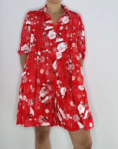 Christmas Tiered Shirt Dress with Pockets  – Red