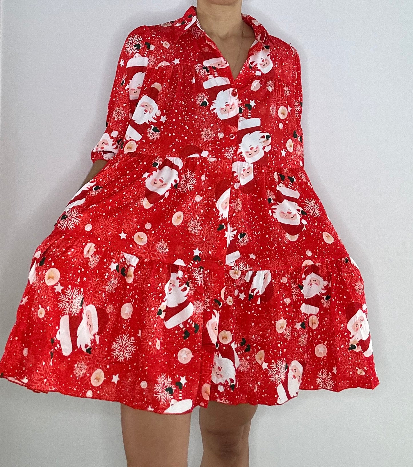 Christmas Tiered Shirt Dress with Pockets  – Red