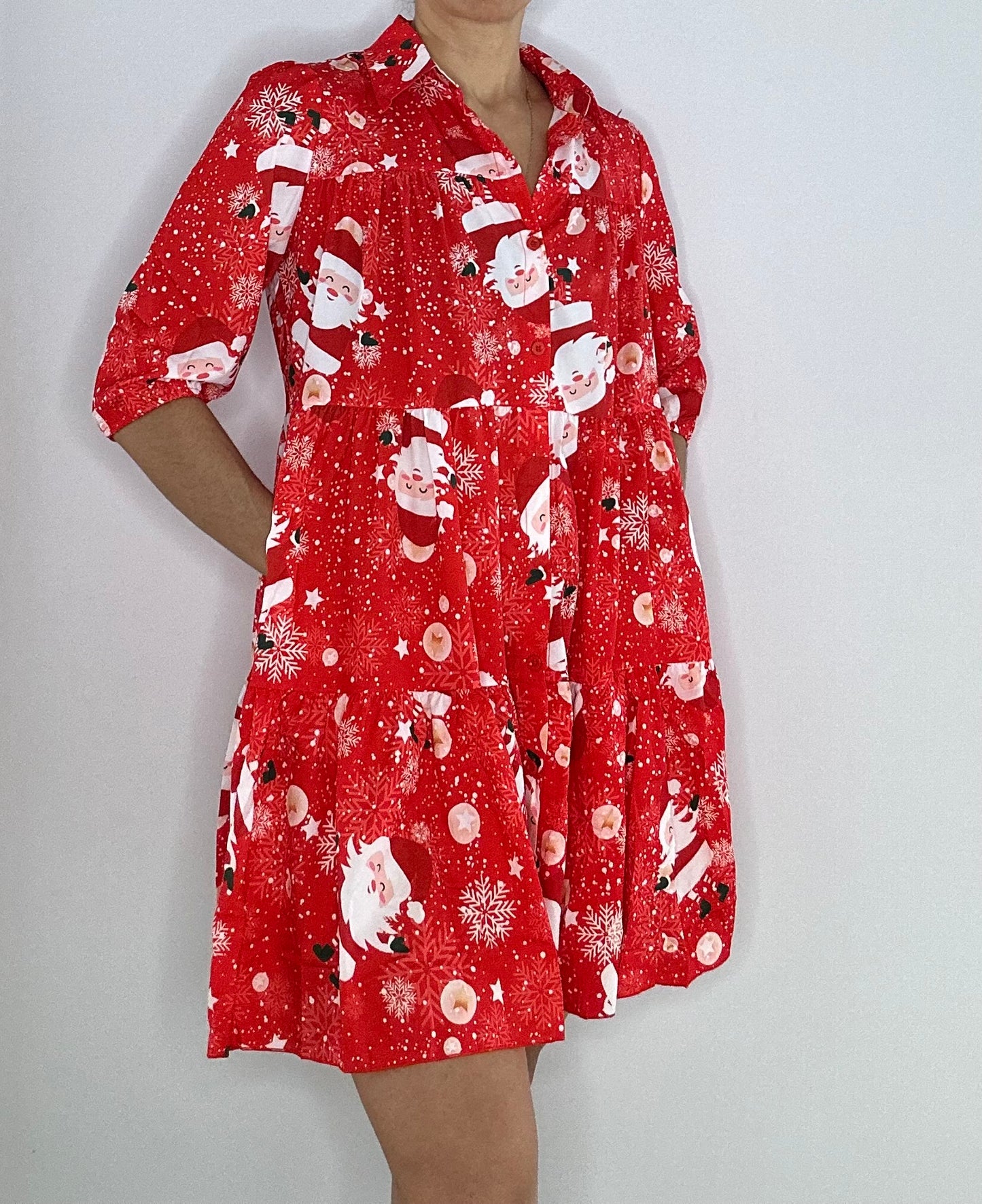 Christmas Tiered Shirt Dress with Pockets  – Red