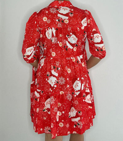 Christmas Tiered Shirt Dress with Pockets  – Red