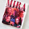 Product packaging with animated characters and the word 'MIRA' on a light gray background