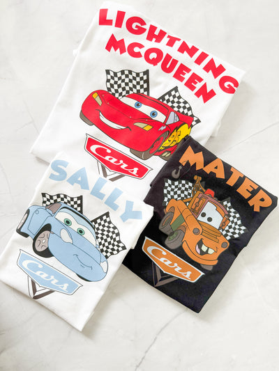 Close-up of car racing design on Fast & Furious Family Disney Cars inspired t-shirt