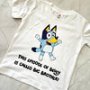 Bluey-themed shirt with Bandit-inspired character and customizable name underneath.