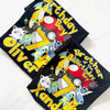 Two black t-shirts with colorful graphics and text on a white background