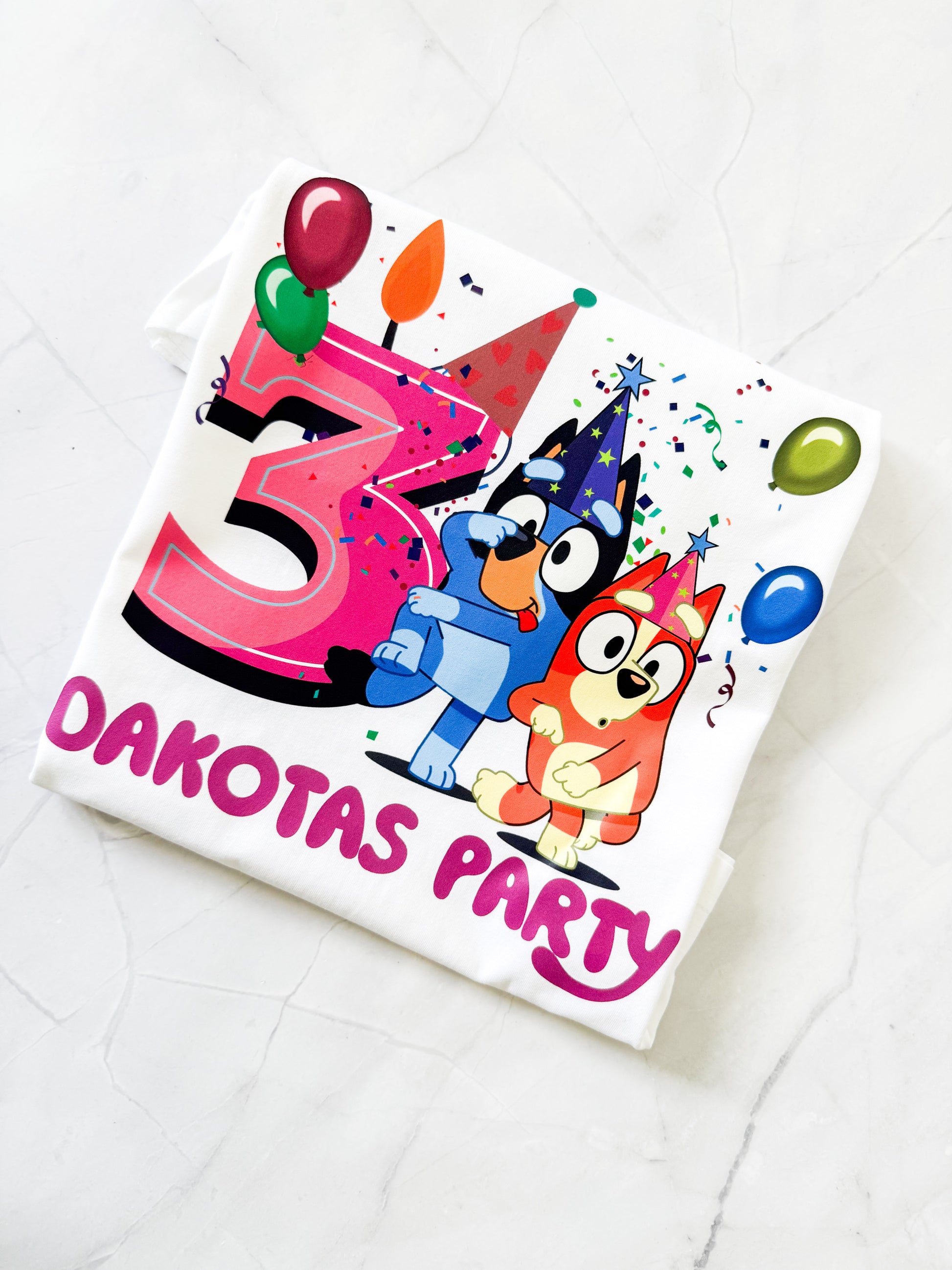 Custom Bluey & Bingo birthday party shirt with child’s name and number