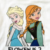 White t-shirt with cartoon characters and 'Elowen is 3' text on a white background