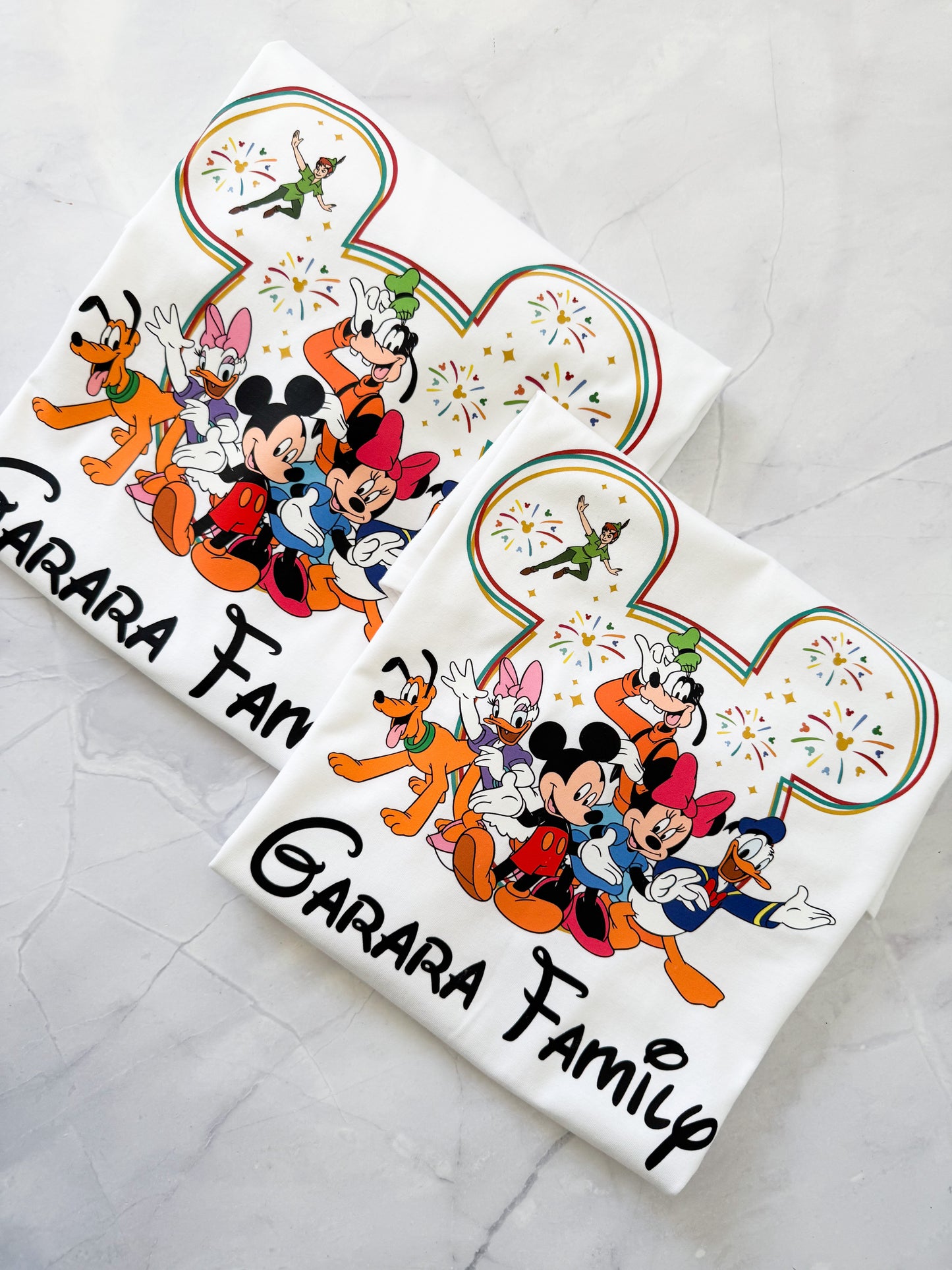 White tee fireworks and Disney pals artwork on soft cotton Fireworks and Friends shirt