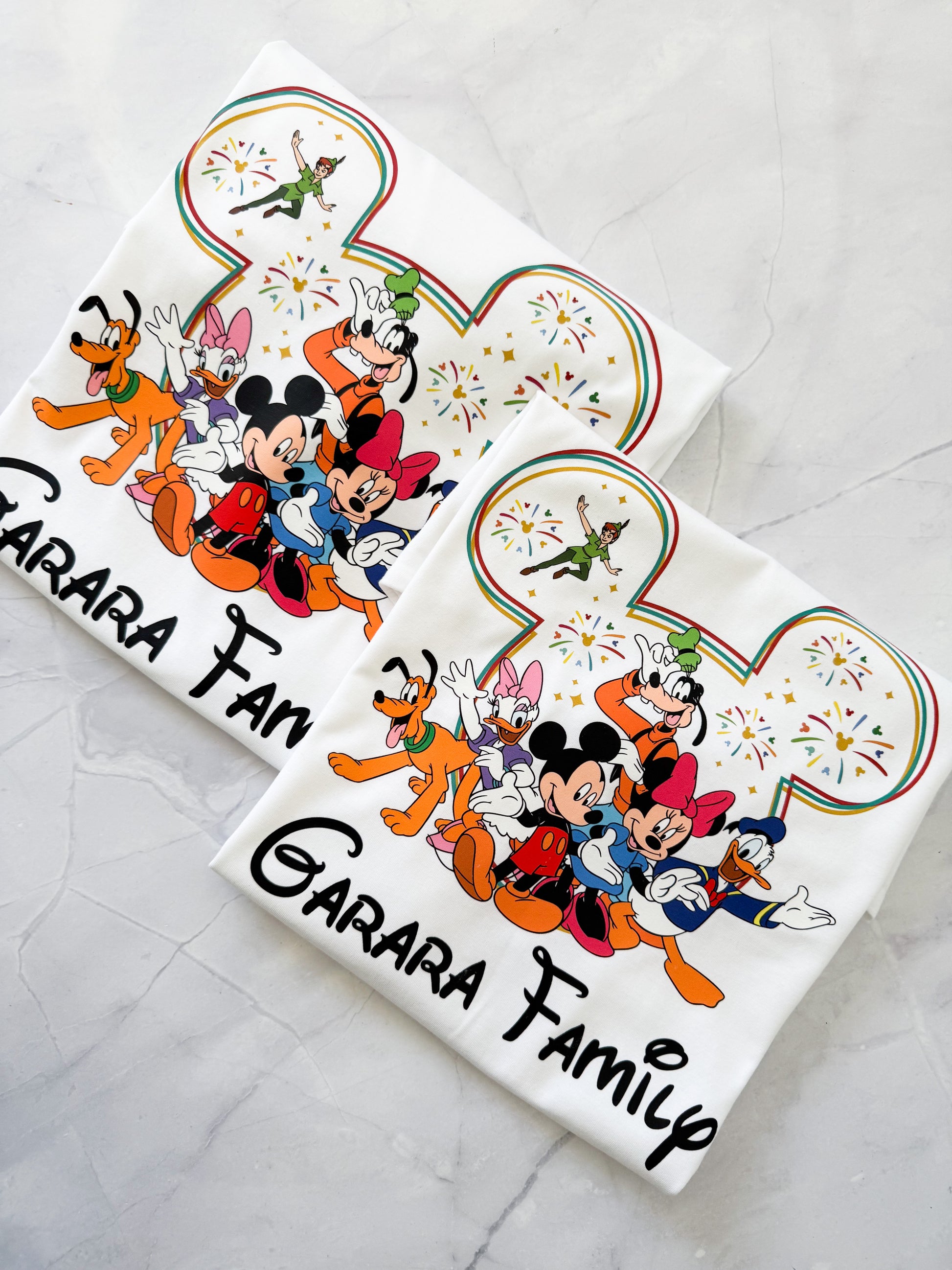 White tee fireworks and Disney pals artwork on soft cotton Fireworks and Friends shirt