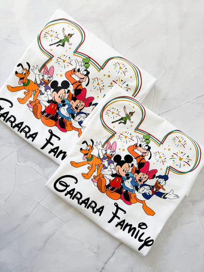 White tee fireworks and Disney pals artwork on soft cotton Fireworks and Friends shirt