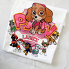 Close-up of Skye character on PAW Patrol themed shirt with pink background and custom name.