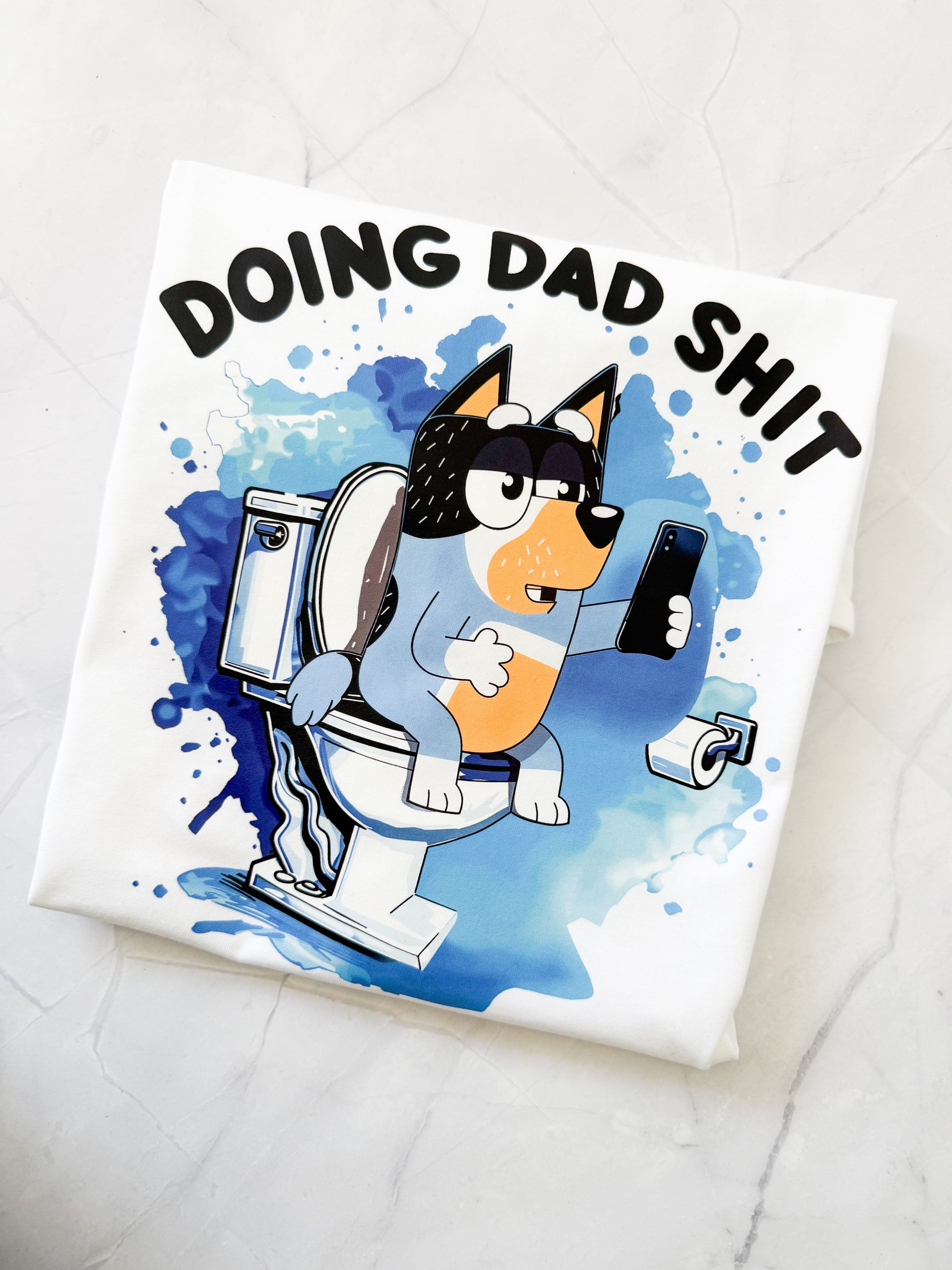Funny dad cartoon tee with Bandit on toilet