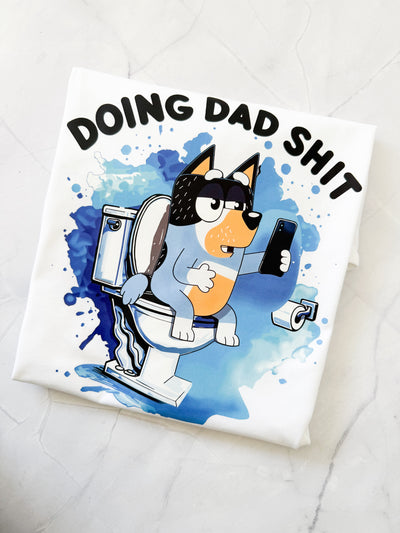 Funny dad cartoon tee with Bandit on toilet
