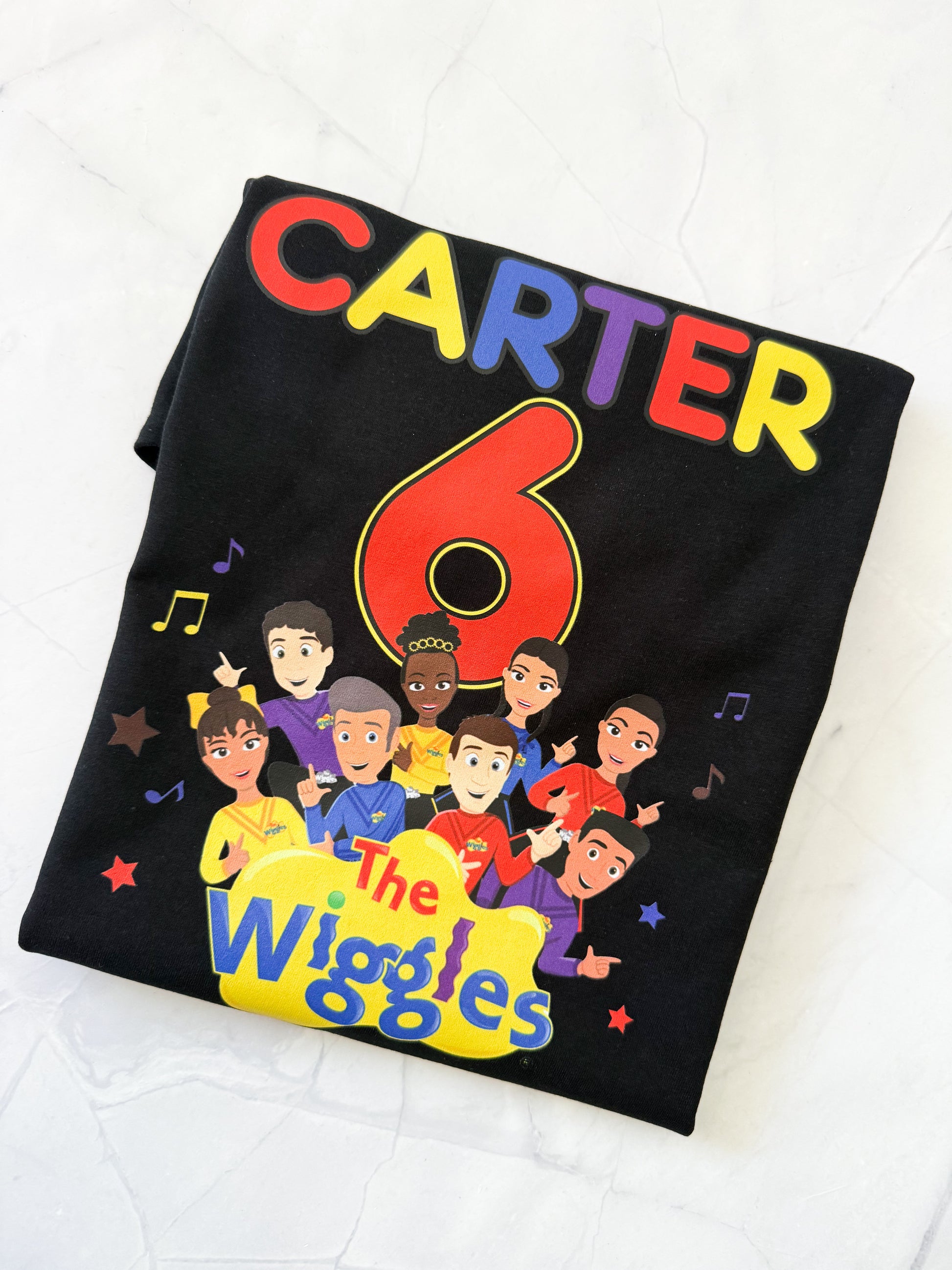  Custom Wiggles birthday shirt for toddlers and kids – laid flat for detail view