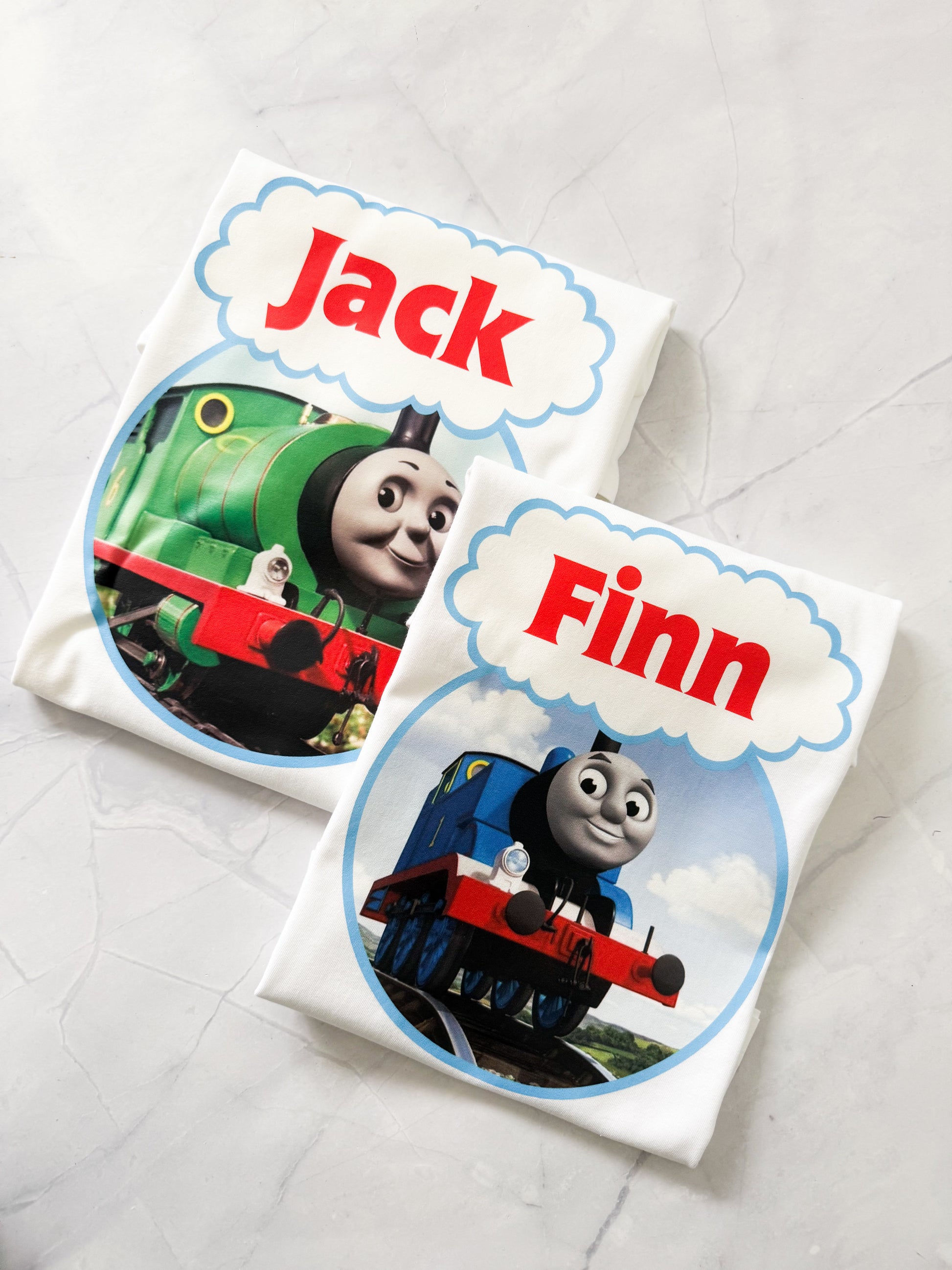 Custom kids' train birthday shirt inspired by Thomas the Tank Engine