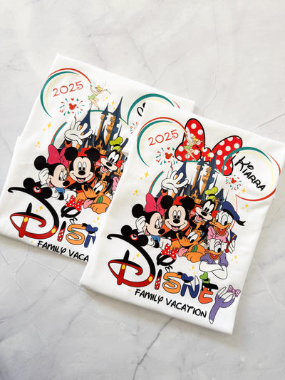 Close-up of sparkling castle and fairy dust graphic on Disney inspired t-shirt