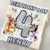 Bluey inspired birthday tee for kids with custom name and age print