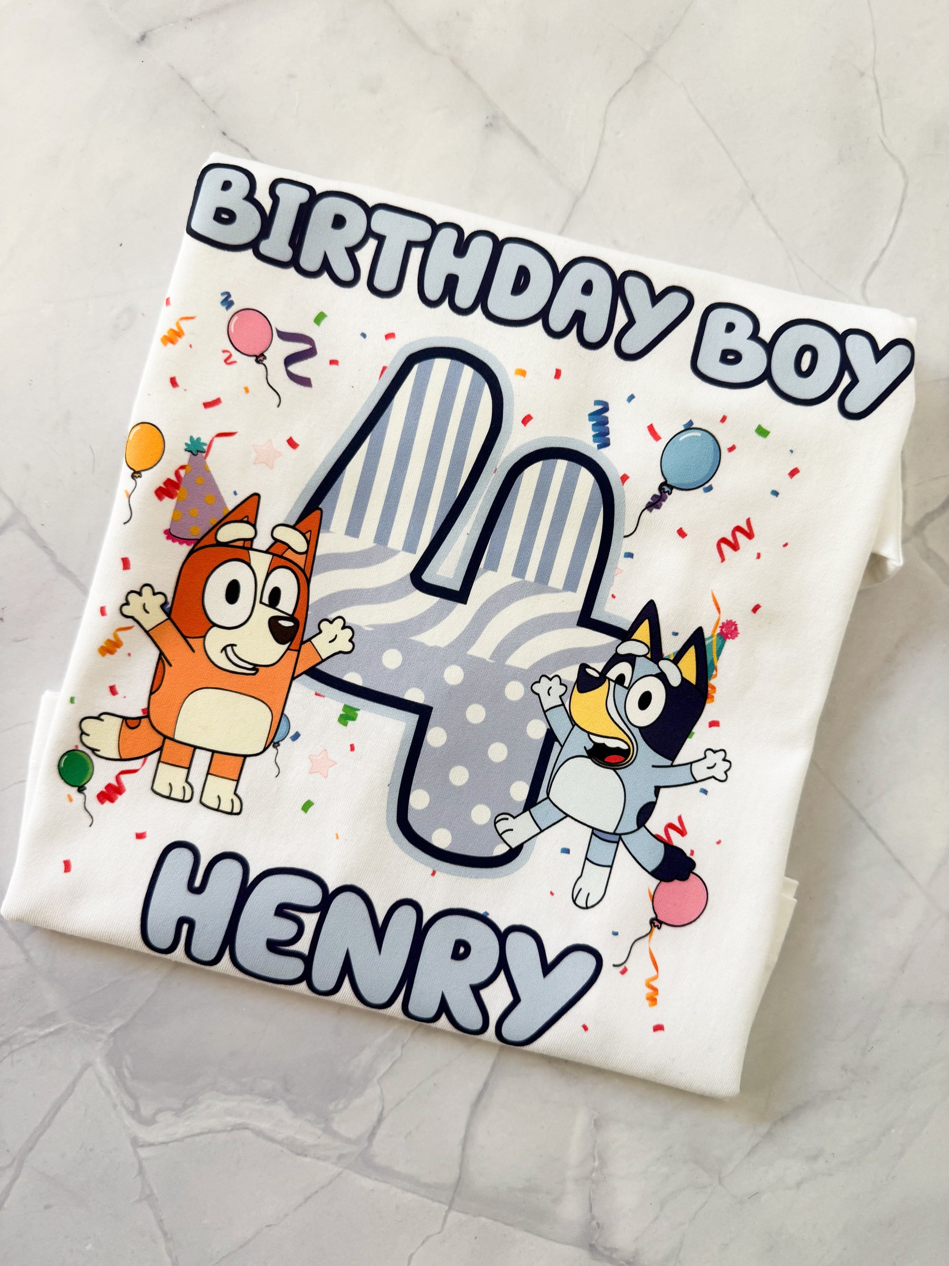 Bluey inspired birthday tee for kids with custom name and age print