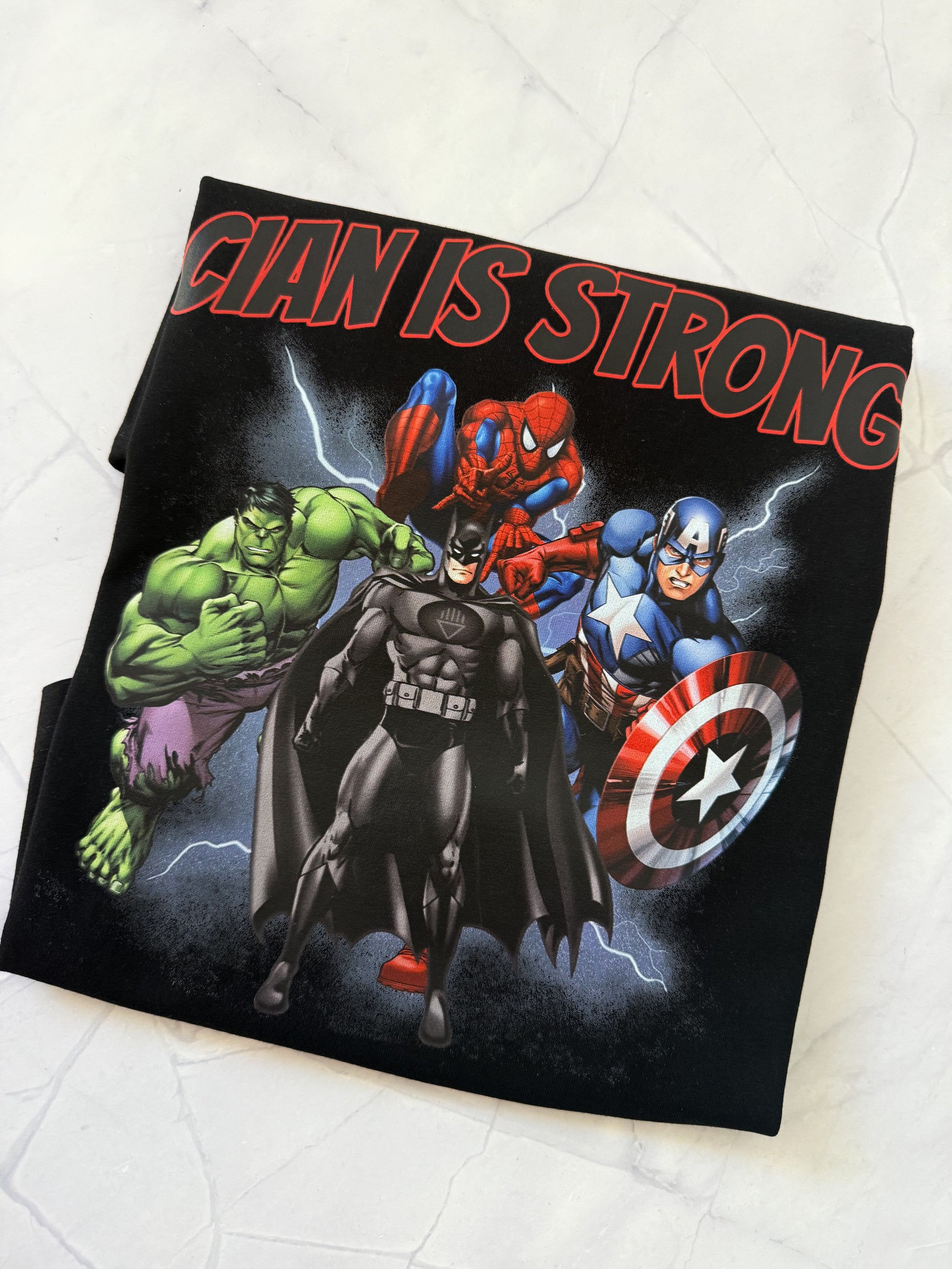 Personalised superhero party shirt for boys or girls with comic-style design