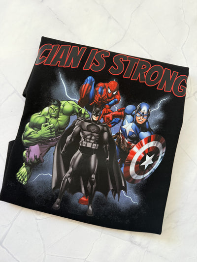 Personalised superhero party shirt for boys or girls with comic-style design