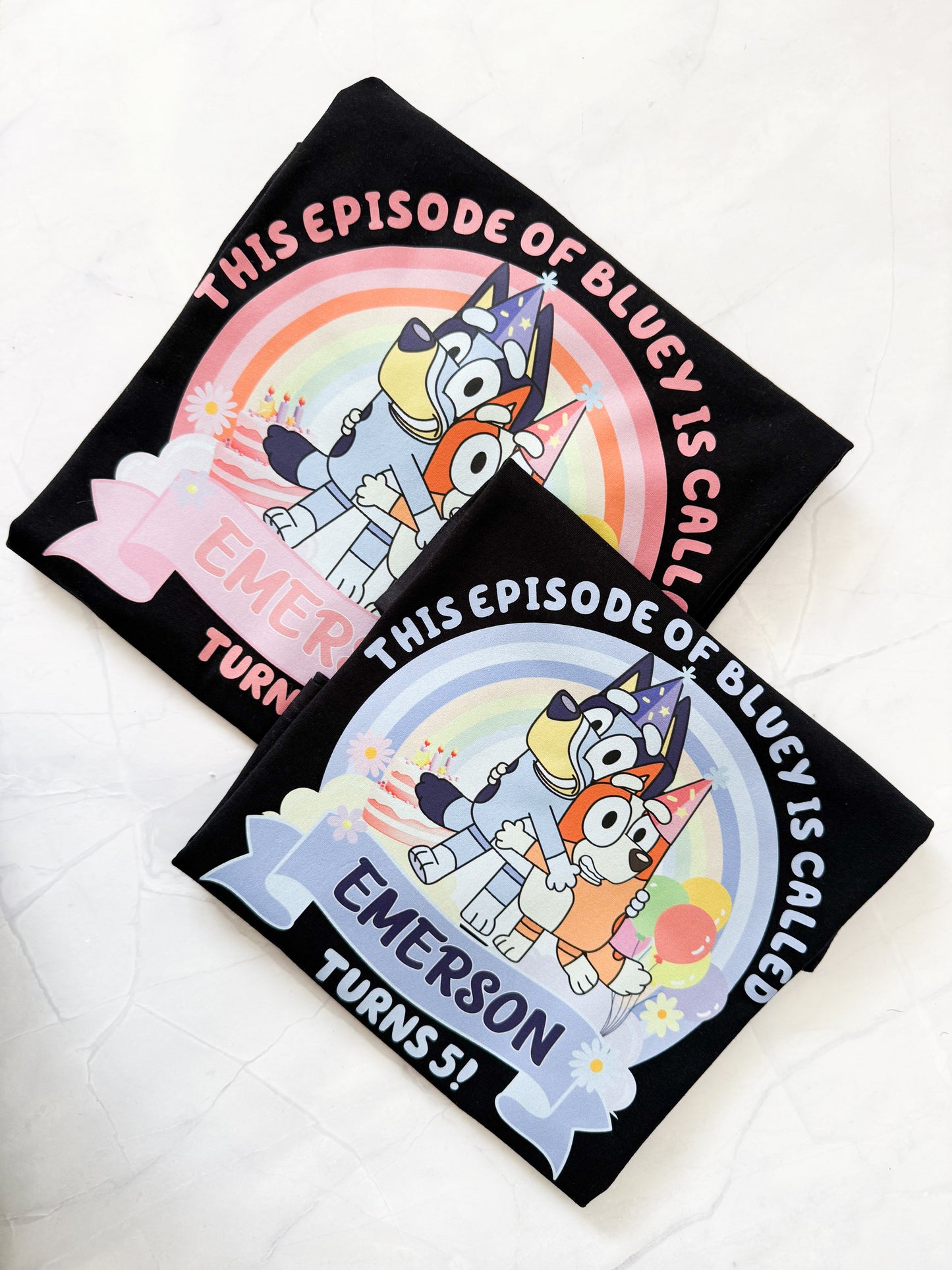 Custom Bluey birthday t-shirt – add your child’s name and age for a fun episode title design