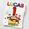 Close-up of Wiggles style birthday design with character colours and personalised name
