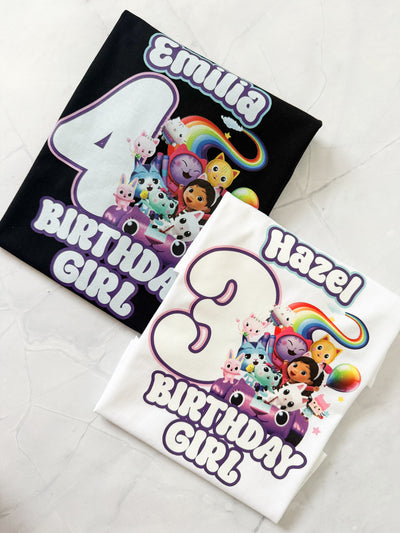 Close-up of Gabby's Dollhouse birthday t-shirt design